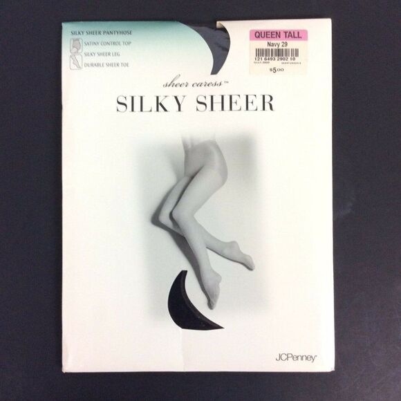 JCPenney Sheer Caress Pantyhose Queen Tall Navy Blue Control Top Sandalfoot - Picture 1 of 3